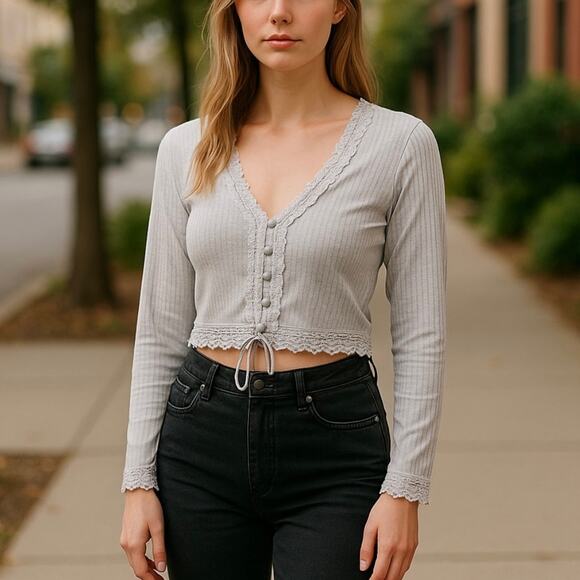 Free People Linen Blend Bohemian Cropped Lavender Women's Boxy Top Size Large - Picture 13 of 13